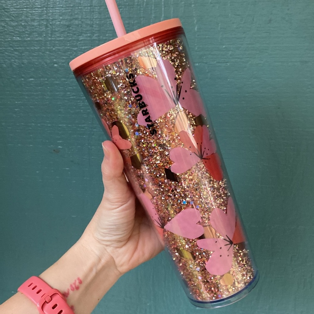 Retired Starbucks Valentine’s double walled cold tumbler in gold&pink glitter